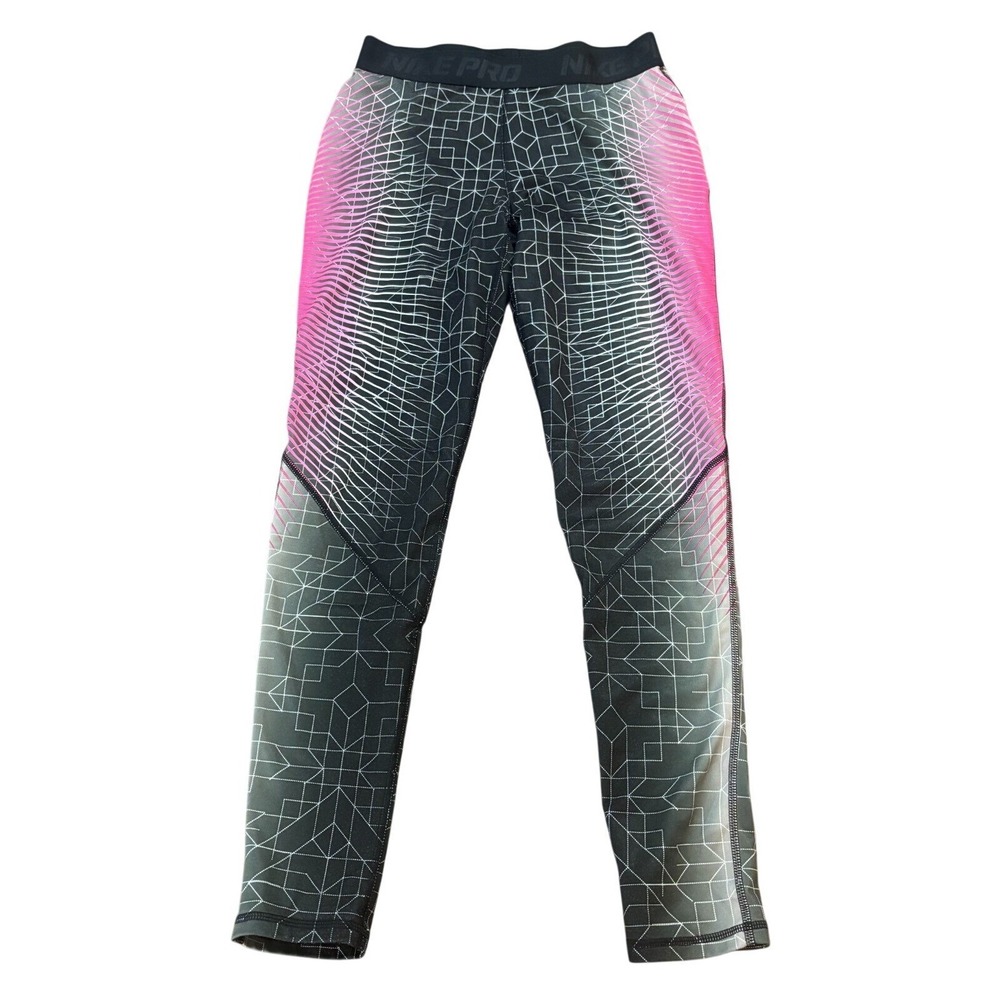 NIKE Womens M Pro Dri Fit Black Pink Geometric Compression Training Leggings